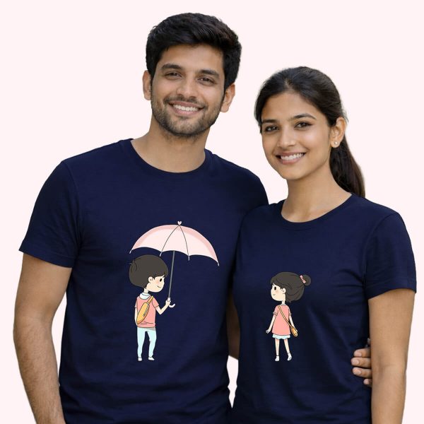 Tender boy sharing his umbrella navy - the only couple