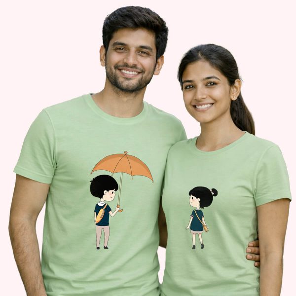 Tender boy sharing his umbrella sagegreen - the only couple