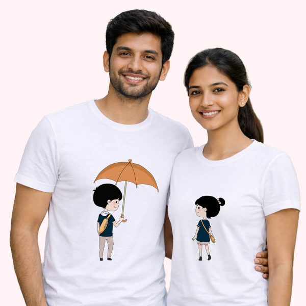 Tender boy sharing his umbrella white - the only couple